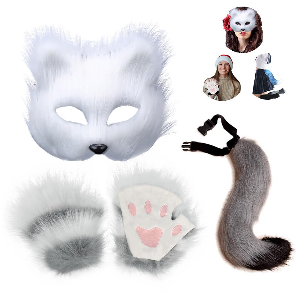 Surakey Furry Cat Fox Mask Wolf Tail and Paw Gloves Set Faux Fur